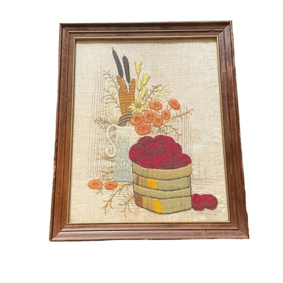 Vintage Framed Needlepoint Completed Embroidery 60 70s Basket of Apples u - Picture 1 of 5